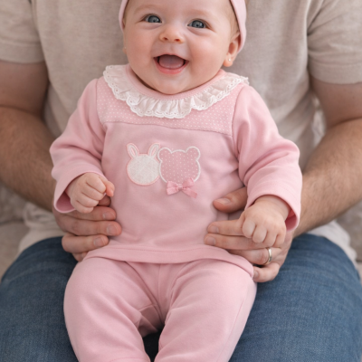 Bebé sorridente com roupa rosa sentada no colo de um adulto.