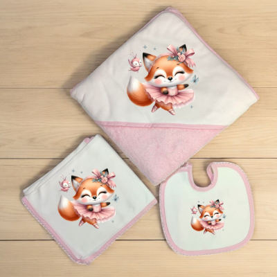 Conjunto de bebé branco e cor-de-rosa com estampa de raposa bailarina
