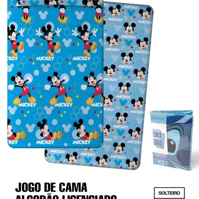 Jogo de cama Mickey Mouse com padrão azul e vermelho em algodão, embalagem incluída