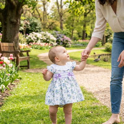 Vestido de bebé branco com padrão floral e dois laços lilás, criança a pé na relva numa parque com flores