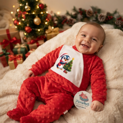 Bebé sorridente em macacão vermelho e branco com pinguim e árvore de Natal, deitado em manta cremosa perto de árvore e presentes