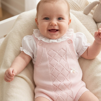 Bebé sorridente com macacão rosa de malha e camisa branca em tecido macio bege