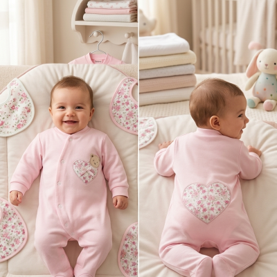 Pijama rosa para bebé com detalhes florais em forma de coração.