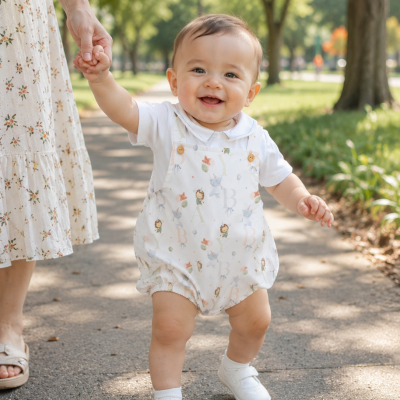 Bebé com macacão branco estampado e sapatinhos brancos ao ar livre a segurar a mão de um adulto com vestido floral creme