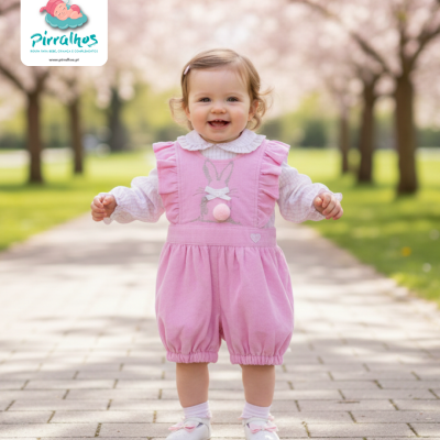Bebé com macacão rosa e camisa branca num caminho ao ar livre