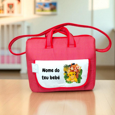 Mala vermelha para bebé com bolso branco e imagem de Simba e Pumba