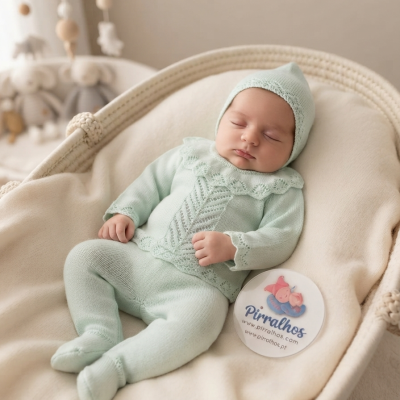 Bebé dormindo vestido com roupa de malha verde-água com padrão rendado