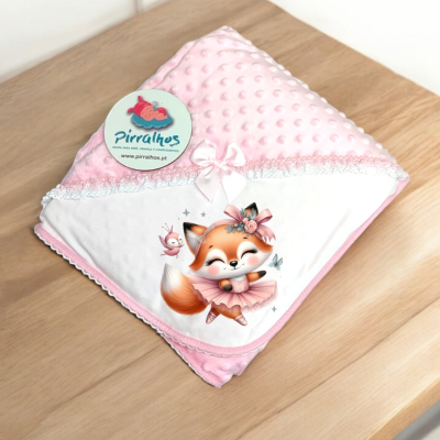 Manta de bebé rosa com estampa de raposa dançante e botão fio