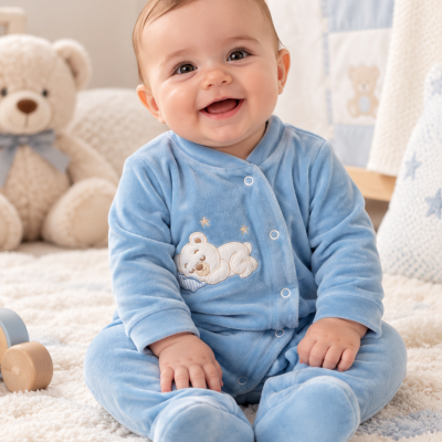 Bebé sorridente vestido com macacão azul claro com urso branco a dormir sentado em tapete macio com ursinho de peluche ao fundo