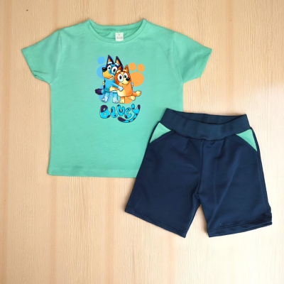 Conjunto infantil com t-shirt verde água estampada e calções azul escuro sobre fundo de madeira clara.