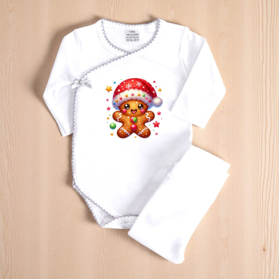 Conjunto branco de roupa de bebé com boneco de gengibre e chapéu de Natal