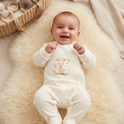 Bebé sorridente deitado em tapete creme com pijama branco com girafa e brinquedos em cesto de vime