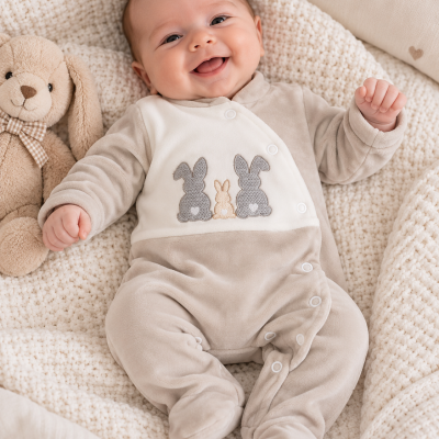Bebé sorridente com macacão bege e creme bordado com coelhos, deitado em manta bege com ursinho peluche