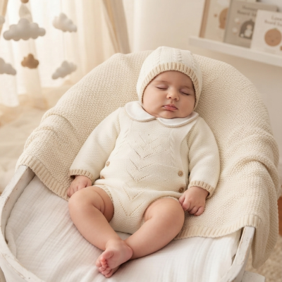 Bebé a dormir em cesta com roupa e manta de malha creme