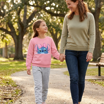 Menina e mulher a passear num parque, menina com sweatshirt rosa com personagem de desenho, mulher com camisola verde clara.