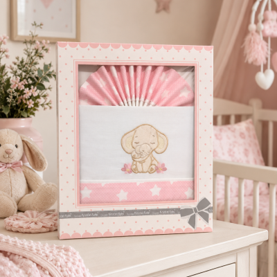 Conjunto de roupa de cama infantil rosa com bordado de elefantes em embalagem rosa