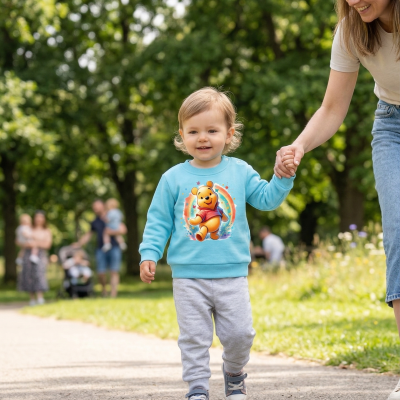 Criança com camisola azul com estampa Ursinho Pooh e calças cinza a caminhar num parque com árvores