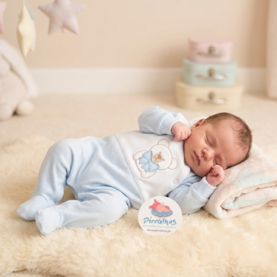 Bebé a dormir com pijama azul claro e ursinho bordado, sobre tapete creme felpudo com manta macia