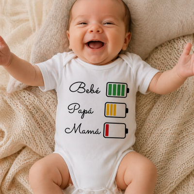 Body branco para bebé com ícones de bateria coloridos e texto em preto Bebé, Papá, Mamã