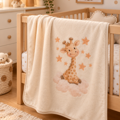 Cobertor de bebé creme com desenho de girafa e estrelas