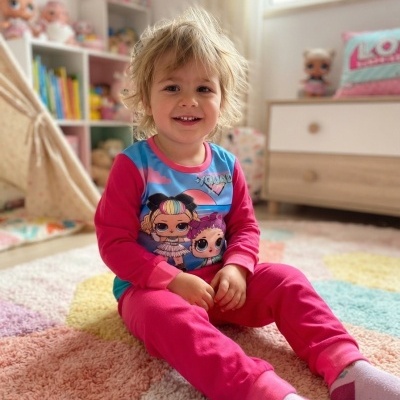 Criança com pijama rosa com bonecas LOL, sentada em tapete colorido em quarto infantil