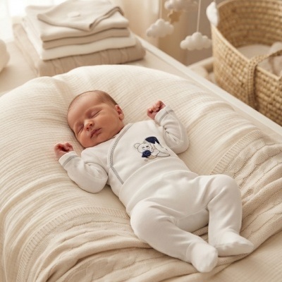 Bebé a dormir em pijama branco com bordado de urso deitado em almofada acolchoada bege com manta de malha e roupas ao fundo