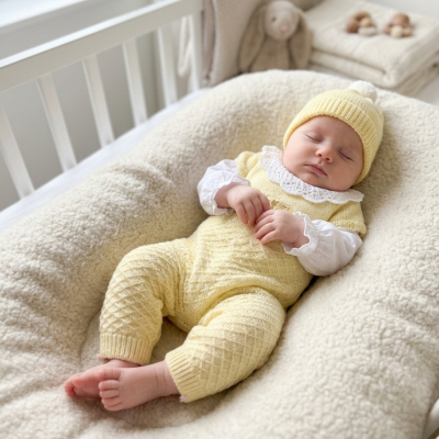 Bebé vestido de amarelo a dormir em almofada creme dentro de berço branco