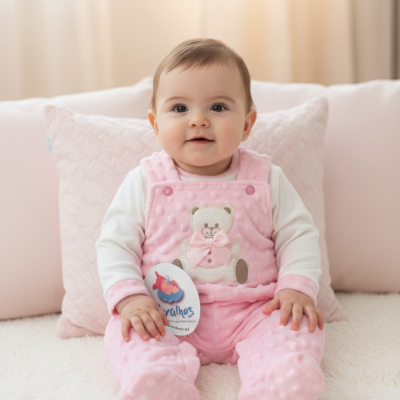 Bebé com macacão rosa texturizado e urso bordado sentado em tapete branco com almofadas cor de rosa