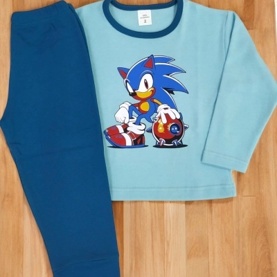 Pijama infantil azul clara e azul escura com estampa Sonic