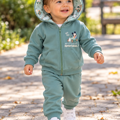 Bebé a usar conjunto verde com casaco e calças, casaco tem capuz e estampado do Mickey, e sapatilhas brancas.