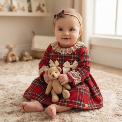 Bebé com vestido xadrez vermelho e ursinho de peluche castanho.