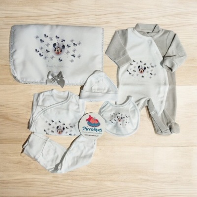 Conjunto de roupa de bebé cinza e creme com padrão de abelhas e Minnie Mouse