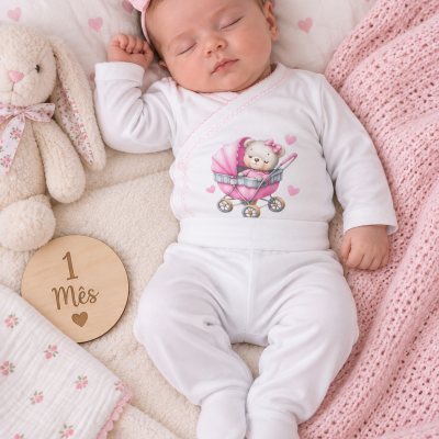 Bebé a dormir com roupa branca e faixa rosa, ursinho de peluche e placa de madeira com texto 1 Mês ♥.