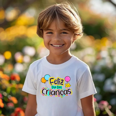 Criança com camiseta branca estampada 'Feliz DIA DAS Crianças' ao ar livre