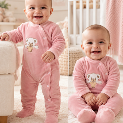Bebé com pijama cor-de-rosa com bordado de ursinho sentado e em pé