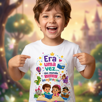 Criança sorridente a usar camisola branca com estampa Era uma vez... Um mundo cheio de imaginação e desenhos coloridos