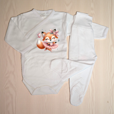 Conjunto de roupa de bebé branco com estampado de raposa bailarina