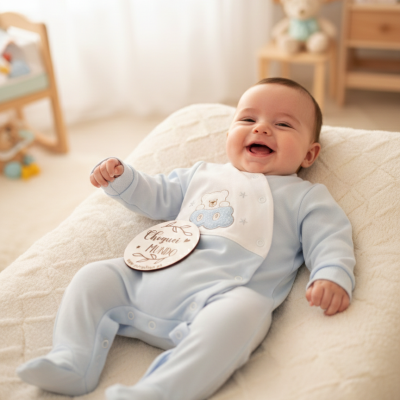 Bebé sorridente com fato de pijama azul claro com ursinho, deitado numa superfície creme