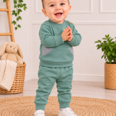Bebé sorridente com roupa verde e sapatilhas brancas em ambiente interior