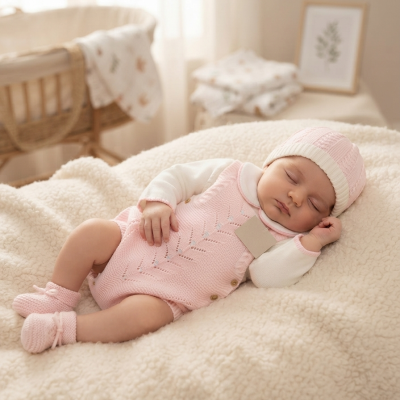 Bebé dorme com roupa de malha cor-de-rosa numa cama com cobertor felpudo