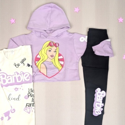 Conjunto de roupa infantil Barbie com camisola lilás, leggins pretas e t-shirt branca