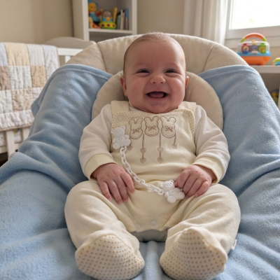 Bebé sorridente em macacão creme com padrão de coelhos numa almofada azul clara de tecido felpudo