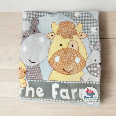 Cobertor infantil com estampa animais da quinta e etiqueta Pirralhos