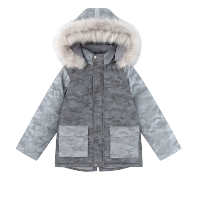 Casaco infantil camuflado cinzento com capuz e pelo sintético