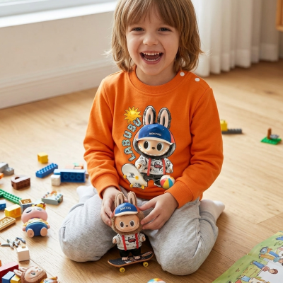 Criança sorridente com camisola laranja e calças cinzentas a brincar com brinquedos no chão