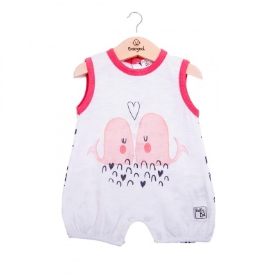 Macacão bebé branco com padrão de elefantes em rosa e detalhes em rosa