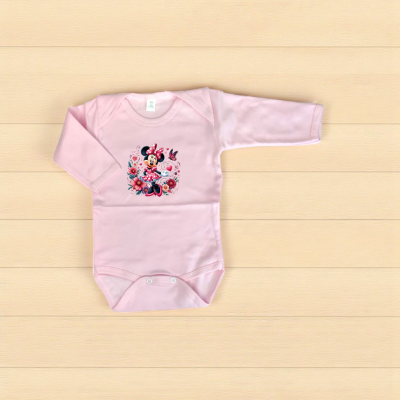 Body de bebé cor-de-rosa claro com estampa de Minnie Mouse e flores.