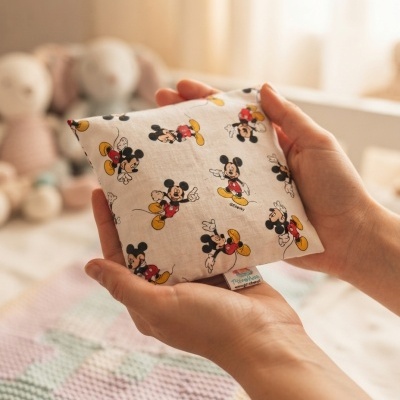 Almofada pequena com padrão do Mickey Mouse sendo segurada por duas mãos em ambiente interior com peluches ao fundo