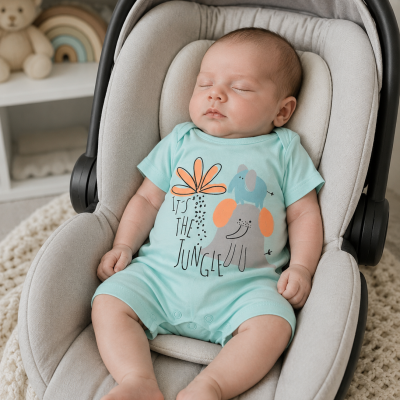 Bebé a dormir em cadeira de bebé cinzenta com macacão azul claro estampado