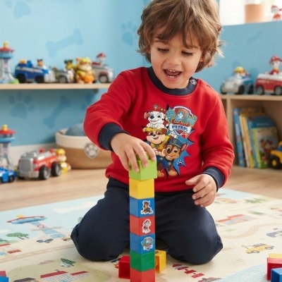 Criança com camisola PAW Patrol a brincar com blocos coloridos numa sala infantil